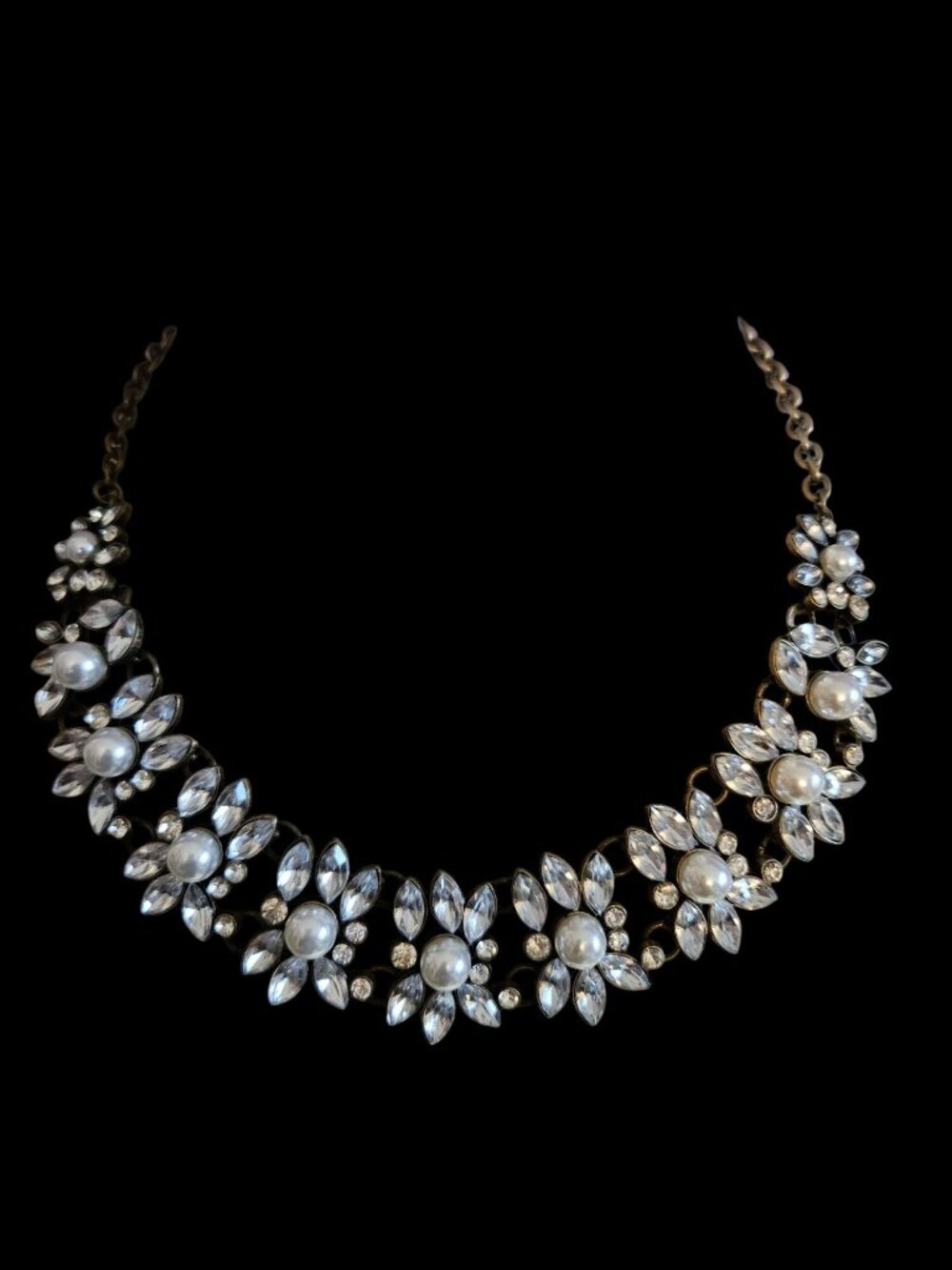 Floral Rhinestone & Faux Pearl Statement/Bib Necklace W/Antique Gold-Tone Chain